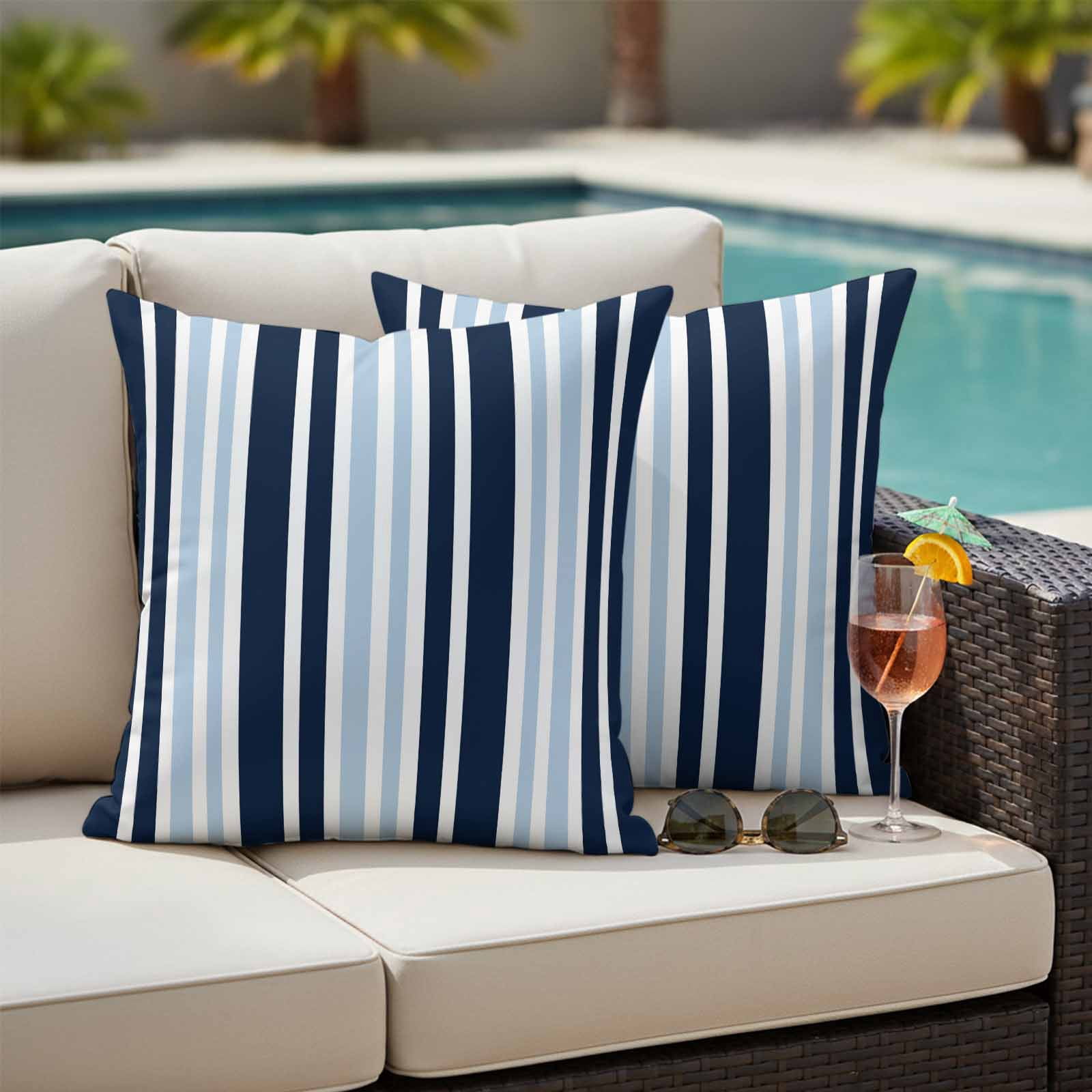 Navy Blue Outdoor Waterproof Pillow Covers, Modern White Geometric Vertical Stripes Decorative Square Throw Pillowcase Sofa Cushion Sham for Patio/Couch/Chair, 24"x24" 2 Pack