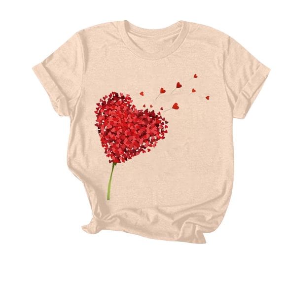 WREESH Graphic Shirts for Women Valentine's Day Heart Printed Short Sleeve Tees Tops for 2025 Spring Summer T-Shirts Beige