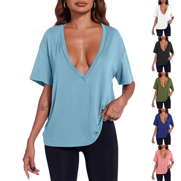Womens Sexy Deep V Neck T-Shirts Summer Short Sleeve Tops Casual Loose Plus Size Fit Basic Tees Summer Womens Tops Army Green L