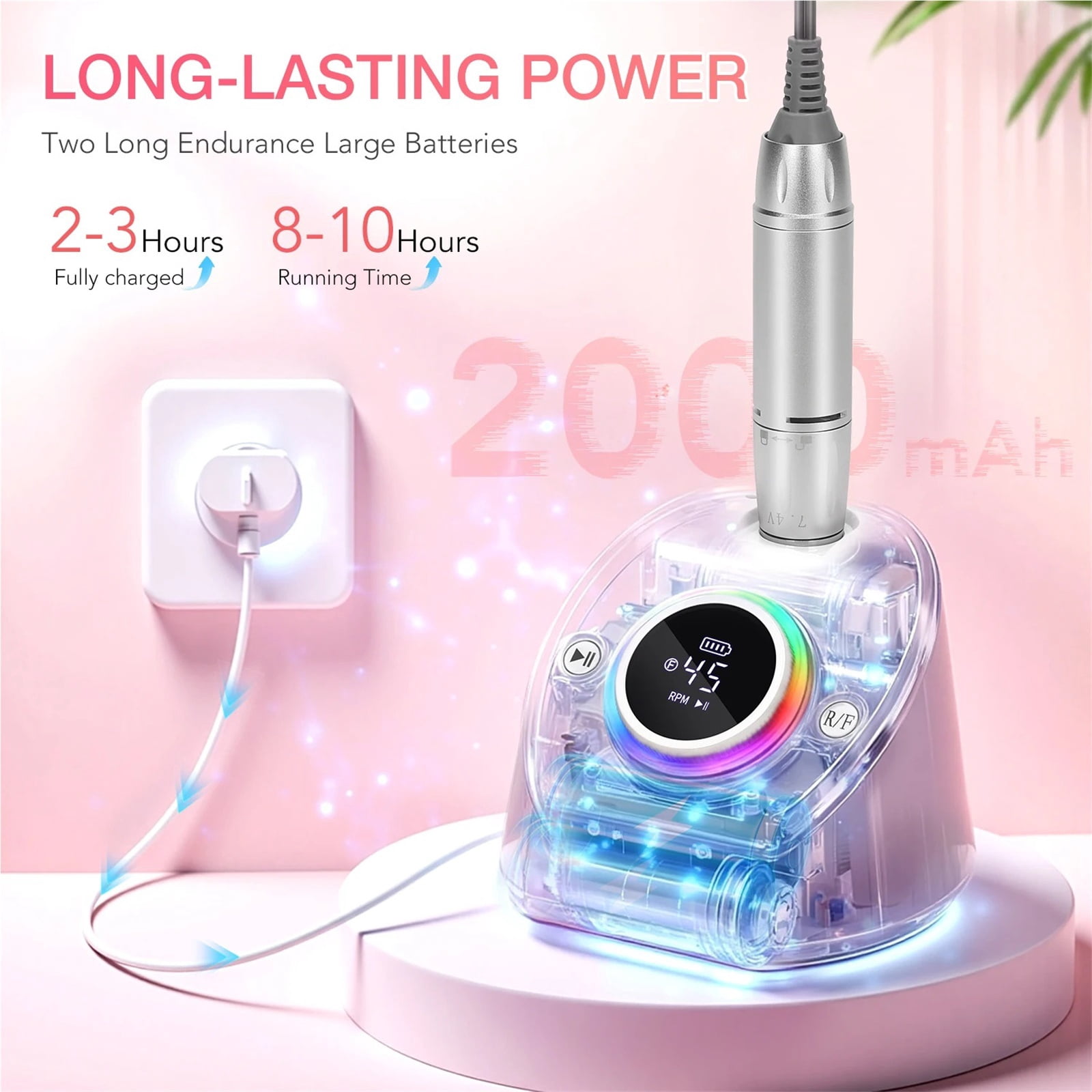45000RPM Rechargeable Nail Drill Machine Desktop Polishing Machine Electric Sander Low Noise Nail Salon Tools