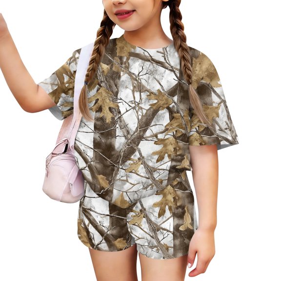 Grblisyd Cute Outfits for Girls 10-12 Camo Crew Neck Short Sleeve Maple Leaf Print Tops and Elastic Waist Shorts
