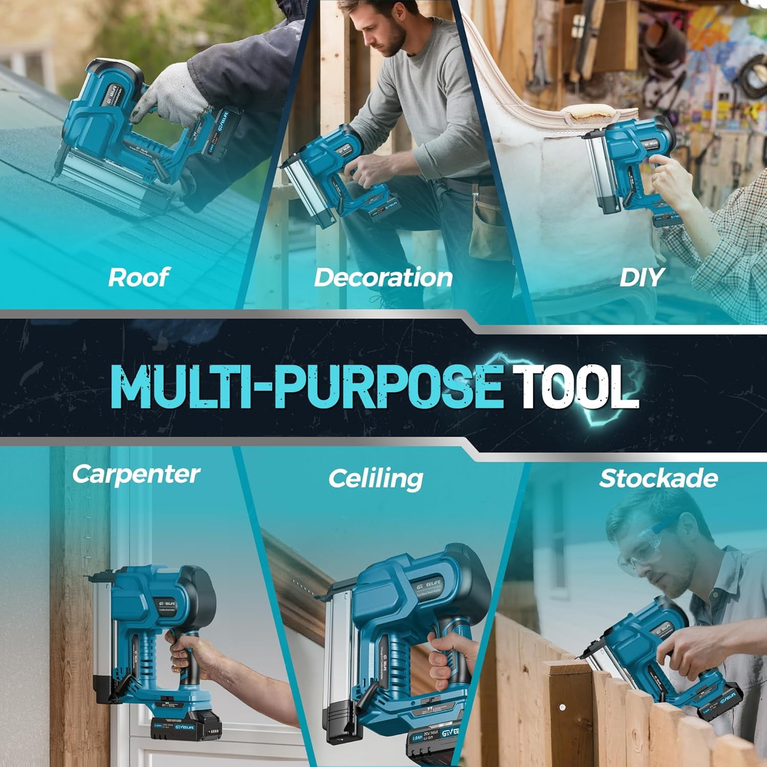 GEVEELIFE Cordless 2" Brad Nailer with 2×2.0Ah Batteries – 2-in-1 18G Nail Gun & Staple Gun, Battery-Powered, 1000 Nails Included, Adjustable Depth, 2 Modes for Wood Carpentry - Dark Blue