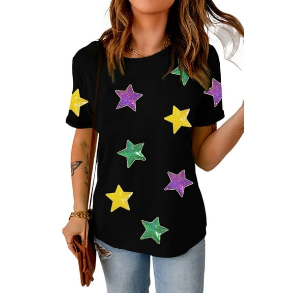 Women's Black Sequin Stars Patched Relaxed Fit T-Shirt for Casual Wear | [ZhiHiMeRi] | (US 20-22)2XL