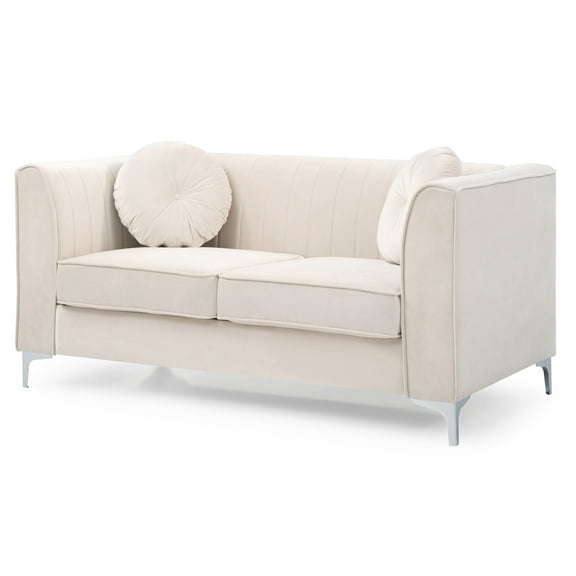 Contemporary Home Living Velvet Microsuede Channel Tufted Loveseat with Throw Pillows - 65" - Beige