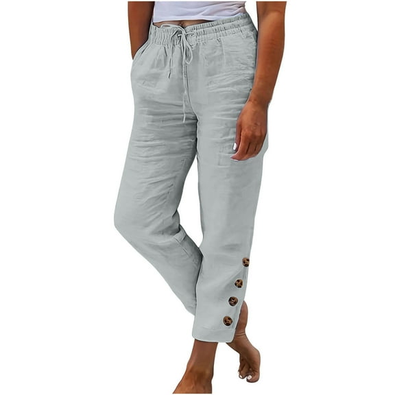 Summer Savings ClearanceTrousers For Womens Elasticated Waist Wide Leg Slacks Straight Leg Pants Drawstring Trousers Loose Button Slacks Pockets Pants Solid Color Trousers Plus Size Slacks