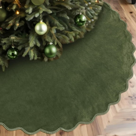 48 Inches Green Christmas Tree Skirt, Neutral Velvet Christmas Tree Skirts, Modern Scalloped Edge Christmas Decorations, Minimalist Mat for Home Indoor Outdoor Holiday Party Decor(Green)