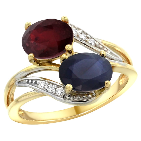 10K Yellow Gold Diamond Natural Quality Ruby & Australian Sapphire 2-stone Mothers Ring Oval 8x6mm, size5