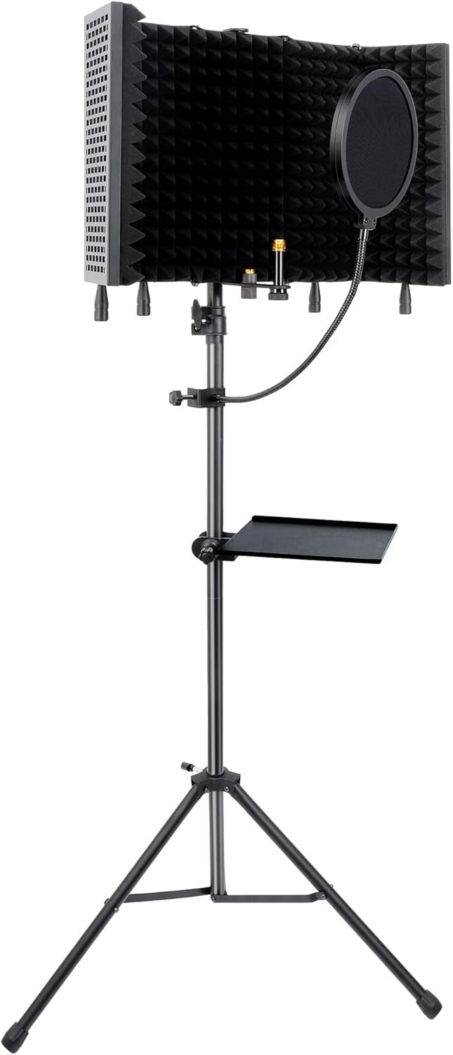5-Sided Isolation Shield Microphone Stand with  Filter and High-Density Foam, Adjustable Tripod for Home Studio Podcasting