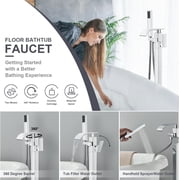 Chrome Floor Mounted Bathtub Faucet Free Standing Tub Filler W/Hand Sprayer