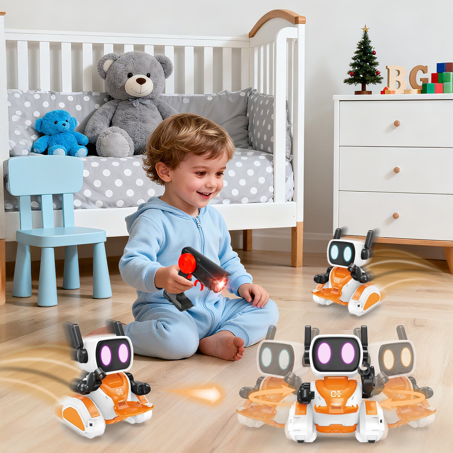 HopeRock Robot Toy for Kids 2-6, 2.4GHz Remote Control Robot with Infrared Tracking, Music & LED Eyes, Movable Arm , Electronic Toys Christmas Birthday Gift for Boys & Girls Ages 3-6.
