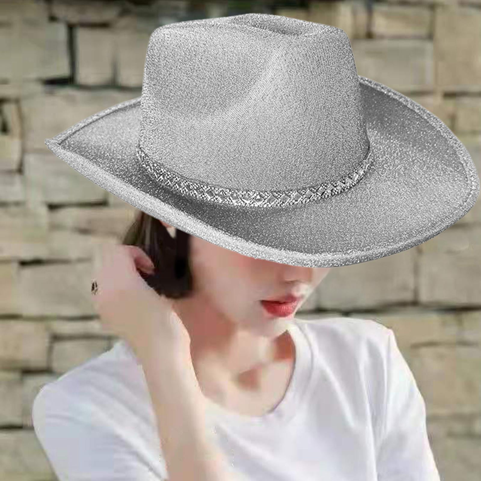 Glitter Cowboy Hat Fashion Sun Hat Shiny Western Hat Cap Cowgirl Hat Bride  Adult Wide Brim for Party Accessory Fancy Dress Costume White