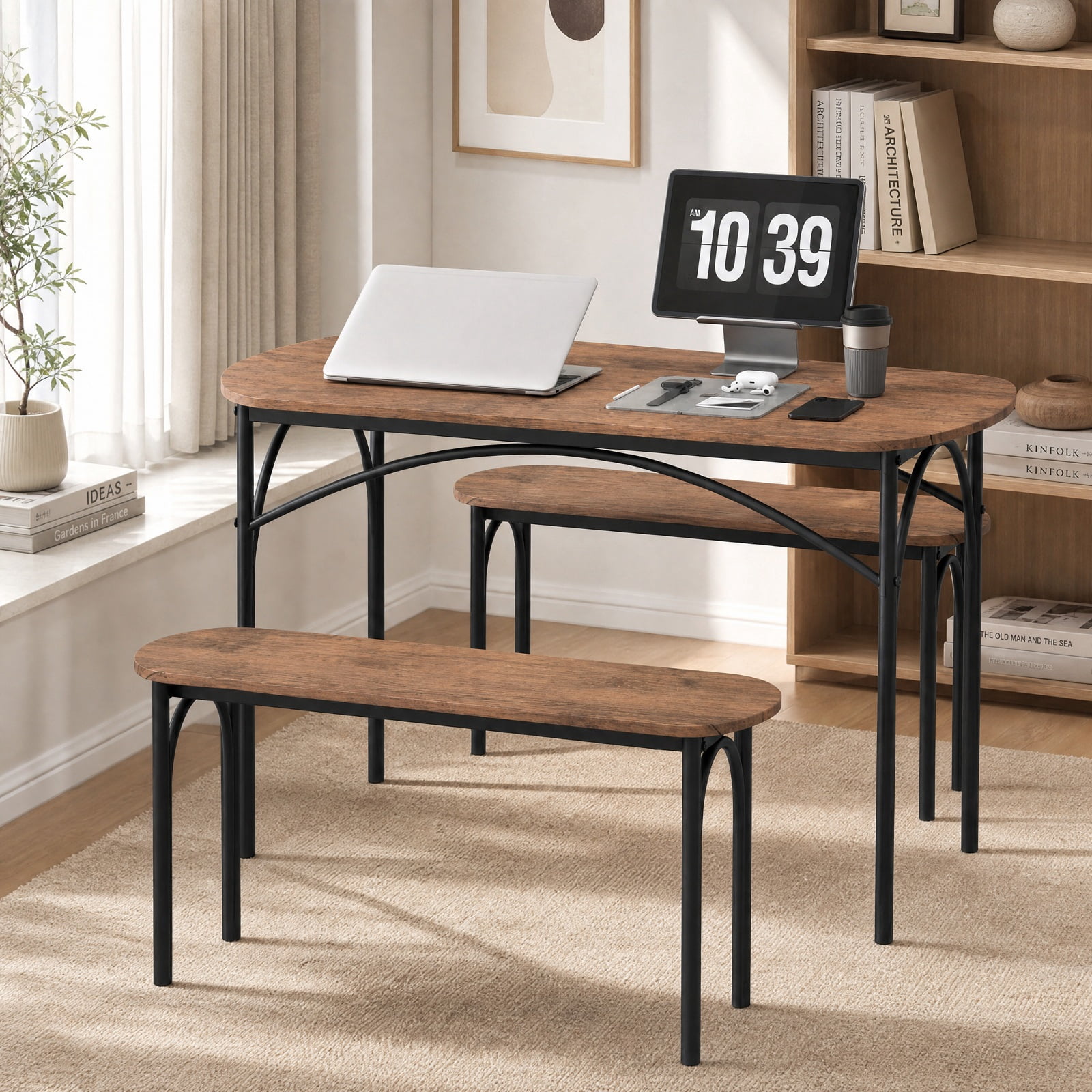 Furnibear 3 Piece Rectangular Dining Table Set for 4 with 2 Benches and Powder Coated Metal Frame for Kitchen and Apartment, Brown