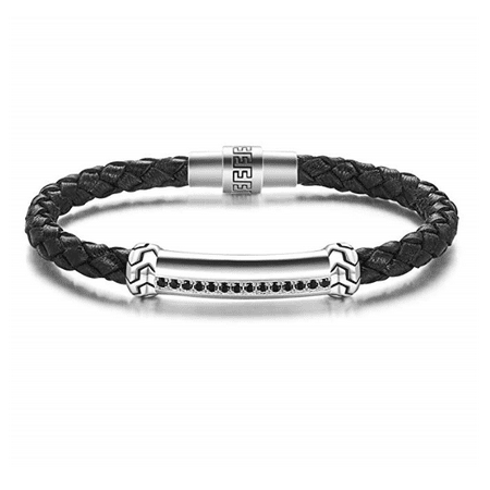 Carleen Freedom 925 Sterling Silver Genuine Mens Leather Bracelet Black Spinel Braided Rope Energy Charm Push Button Locking Clasp 8.3" Black