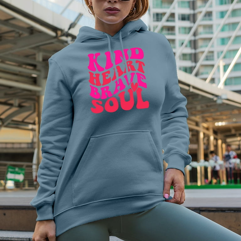 Kind Heart, Brave Soul Quote, Groovy Retro Wavy Text Merch Gift, Light Blue  Hooded Sweatshirt or Hoodie, XL 