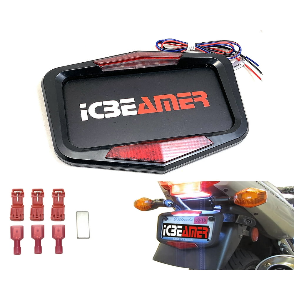 ICBEAMER Waterproof Universal Fit most Motorcycle License Plate Frame w/ 6+ Flashing LED Tail