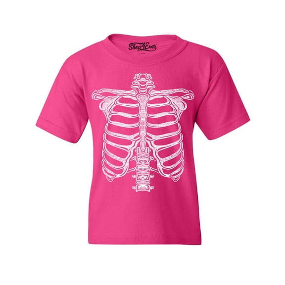 Shop4Ever Kids Skeleton Ribcage Skull Halloween Costume Graphic Child's Youth T-Shirt X-Small Heliconia Pink