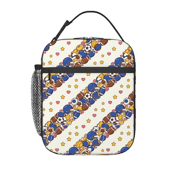 Football Lunch Bag Athletic Print Handheld Portable Reusable Cooler Tote Front Pocket Work Office Commute Daily Food Container