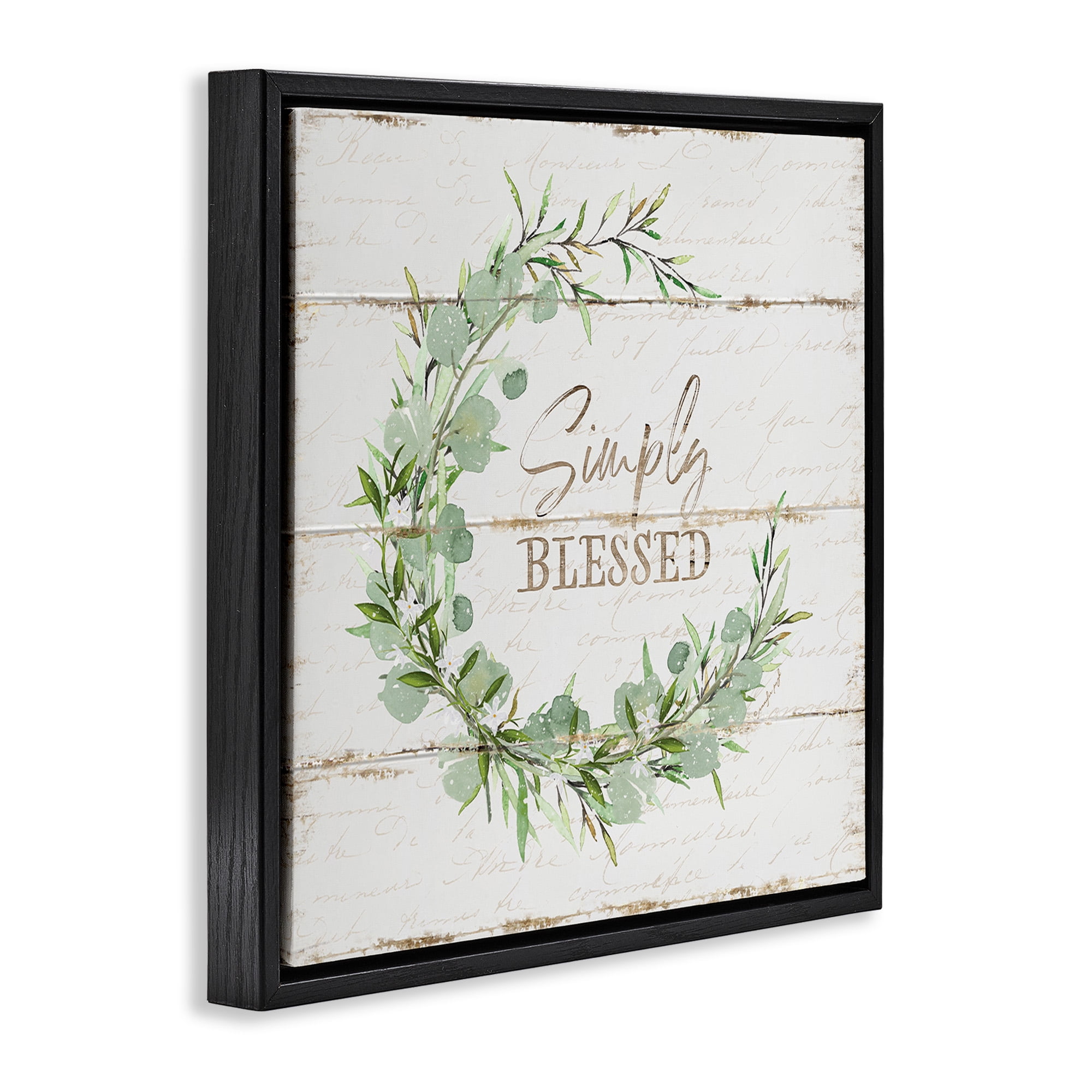 Stupell Industries Simply Blessed Rustic Wreath Typography Painting Black Floater Framed Canvas Art Print Wall Art, 18 x 18