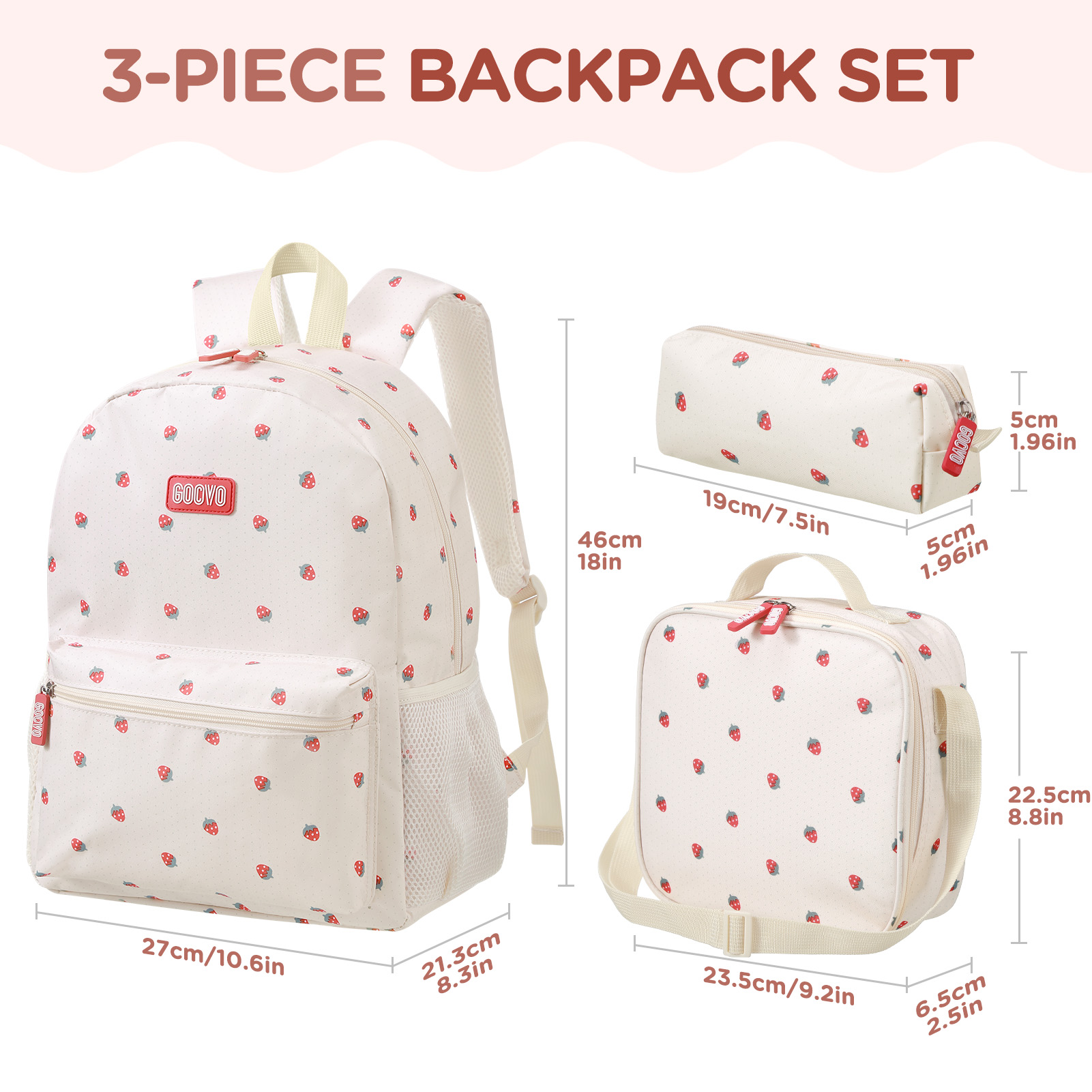 Mochila para niñas, impermeable para adolescentes, linda mochila escolar, estampado de fresa en beige 4