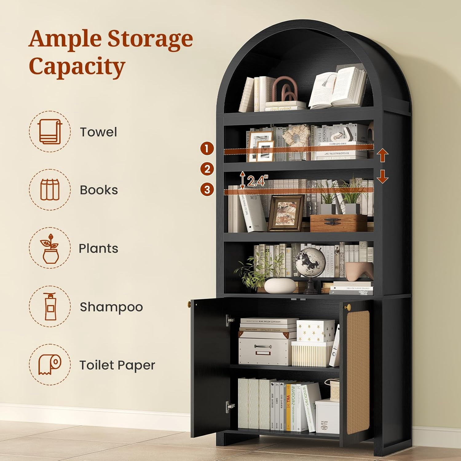 81" Tall Arched Kitchen Pantry Storage Cabinet, 6-Tier Bookcase with 2 Doors for Living Room, Kitchen, Home Office, Black+Oak