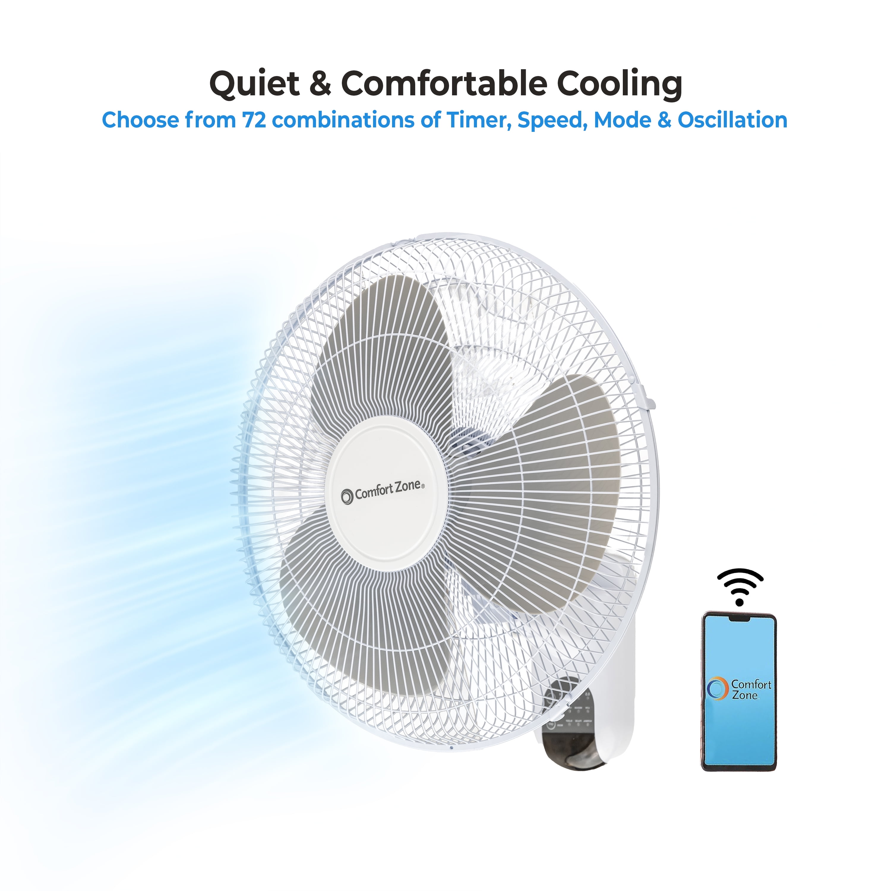 Comfort Zone 16 in. Oscillating Wall Mount Fan, 3-Speed , Wi-Fi , Timer, Tilt