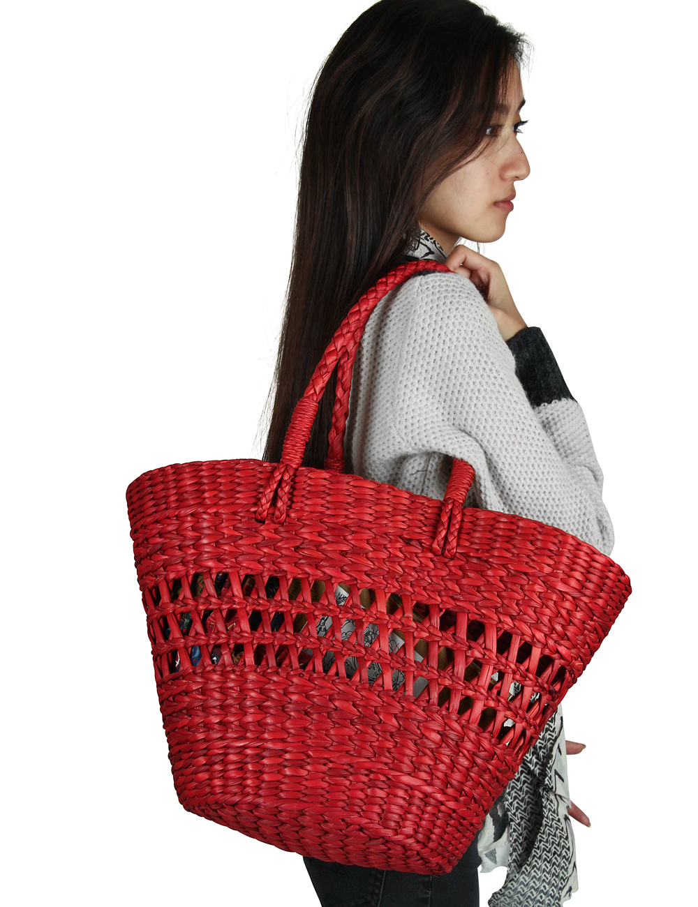 Straw Market Large Picnic Shopping Shoulder Bag Red Handbag Organic Woven  Beach Tote Casual