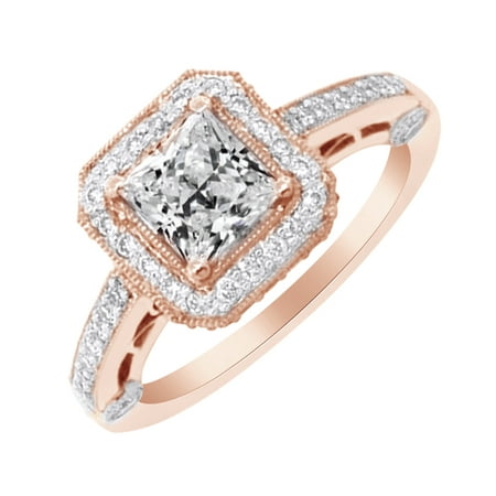 AFFY Princess Cut White Cubic Zirconia Engagement Ring in 14k Rose Gold Over Sterling Silver (1.35 Cttw) Size - 9