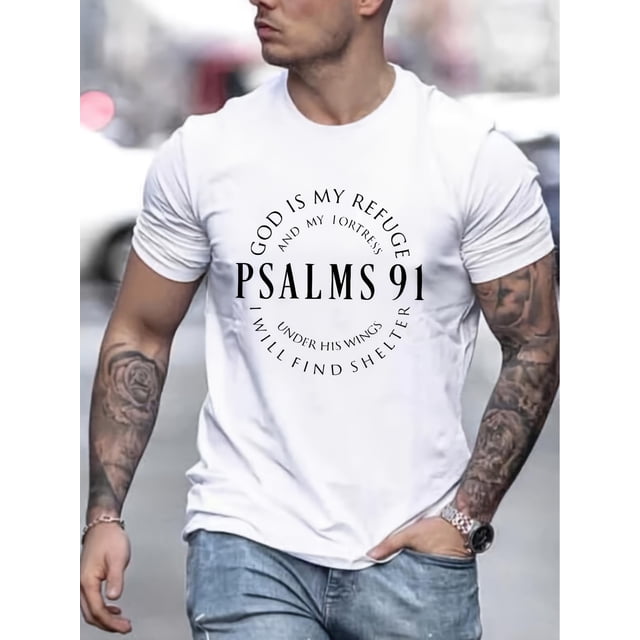 Men's Casual Crew Neck T-Shirt, Knit Fabric, Short Sleeve, Regular Fit, with Psalms 91 Print, for All-Season Top