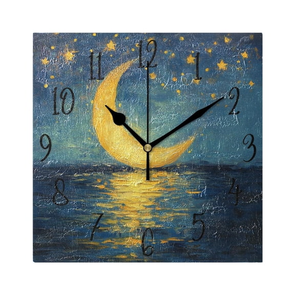 WOBOGO Moon Stars Oil Painting Pattern Wall Clock 7.78 Inch Battery Operated Silent Unit Square Rustic Vintage Style for Home Bedroom Office Black Pointer