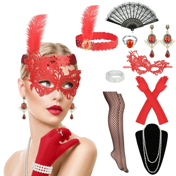 sixwipe 12 Pcs 1920s Red Flapper Accessories Set for Women, Roaring 20s Accessories with Vintage Dress Shawl, 1920s Women Outfits Costume for Women Cosplay Party Favor Bachelorette Party