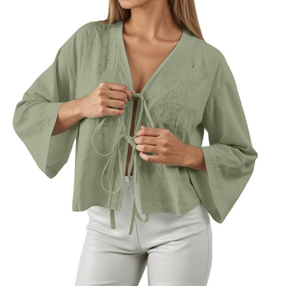 XIAONU Women's Lightweight Tie Front Blouse Loose Fit Bell Sleeve V Neck Top Breathable Casual Vacation Wear Tunic
