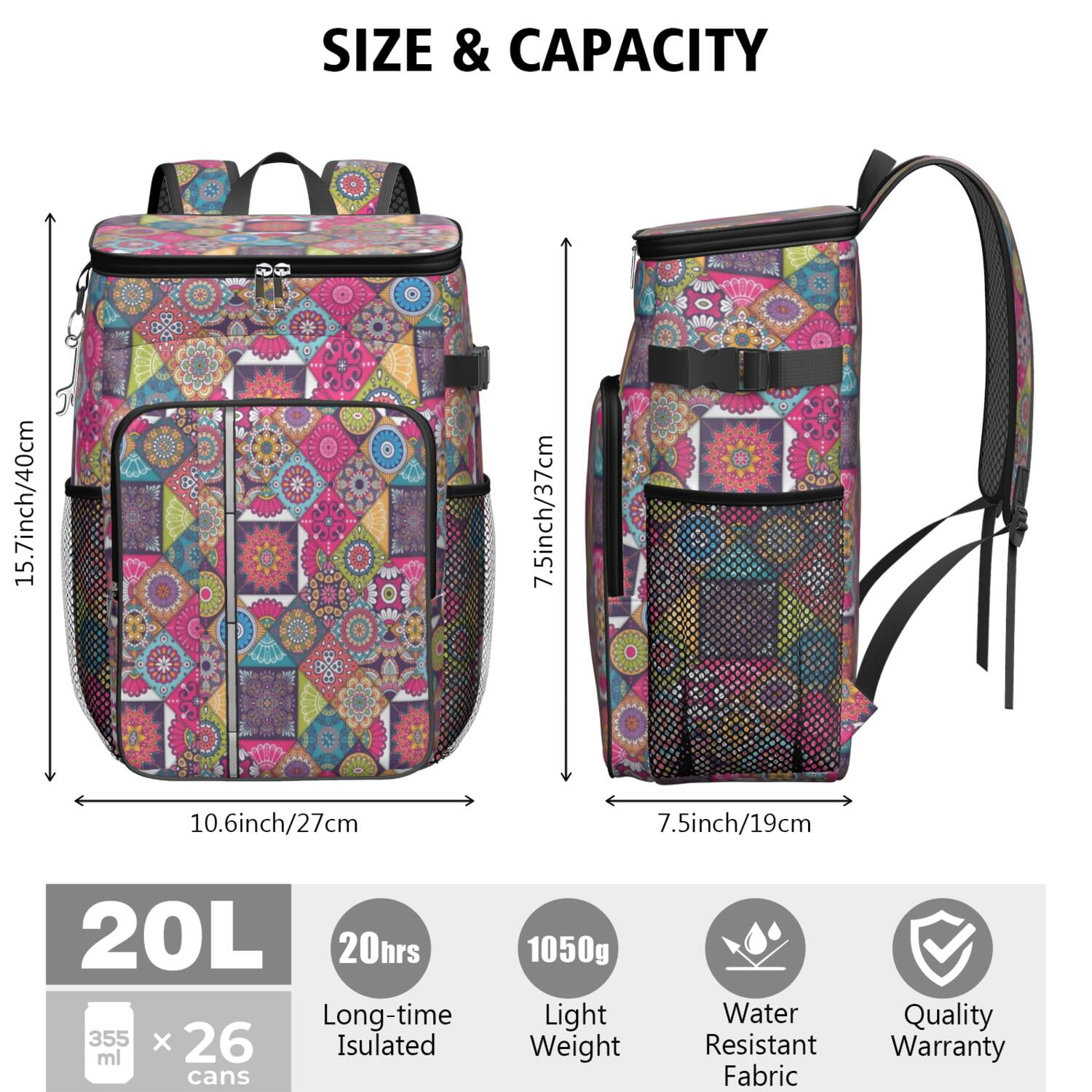 Travel Cooler Bag - Boho Bohemia Flower Camping Beer Cooler Backpack with Bottle Opener- Waterproof Insulated Picnic Backpacks - Cooler Bag for Beach
