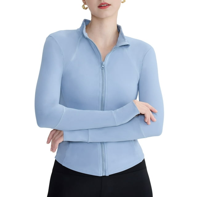 Womens Workout Jackets, Full Zip Slim Fit Athletic Running Sports Track Jacket with Mist Blue XL