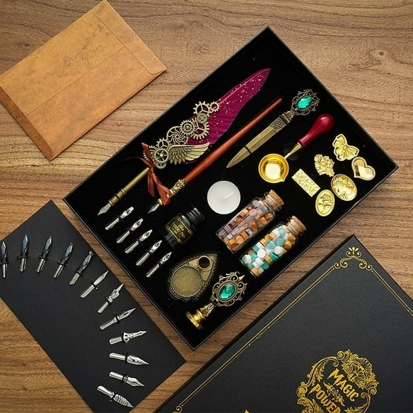 Quill Pen Set Dipped in Water Fire Paint Seal Feather Pen Gift Box Children's Day Gift Pen for Students