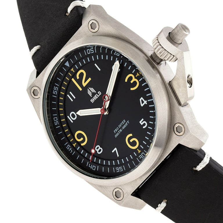 Shield Pascal Leather Band Men s Diver Watch Black Silver