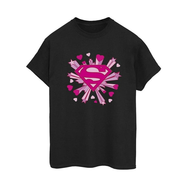 DC Comics T-Shirt Boyfriend en Coton pour Femmes Superman Logo Cœurs et Étoiles Roses