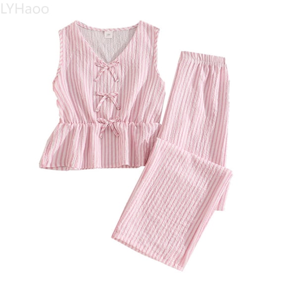 LYHaoo Kids Girls Summer Outfit Cute Bow Sleeveless Blouse With Casual Striped Pants Girls Outfit Sets Sizes 7-8 Years(Pink)