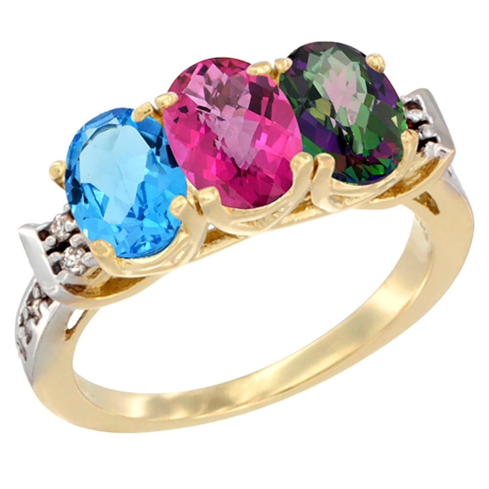 10K Yellow Gold Natural Swiss Blue Topaz, Pink Topaz & Mystic Topaz Ring 3-Stone Oval 7x5 mm Diamond Accent, sizes 5 10 by WorldJewels