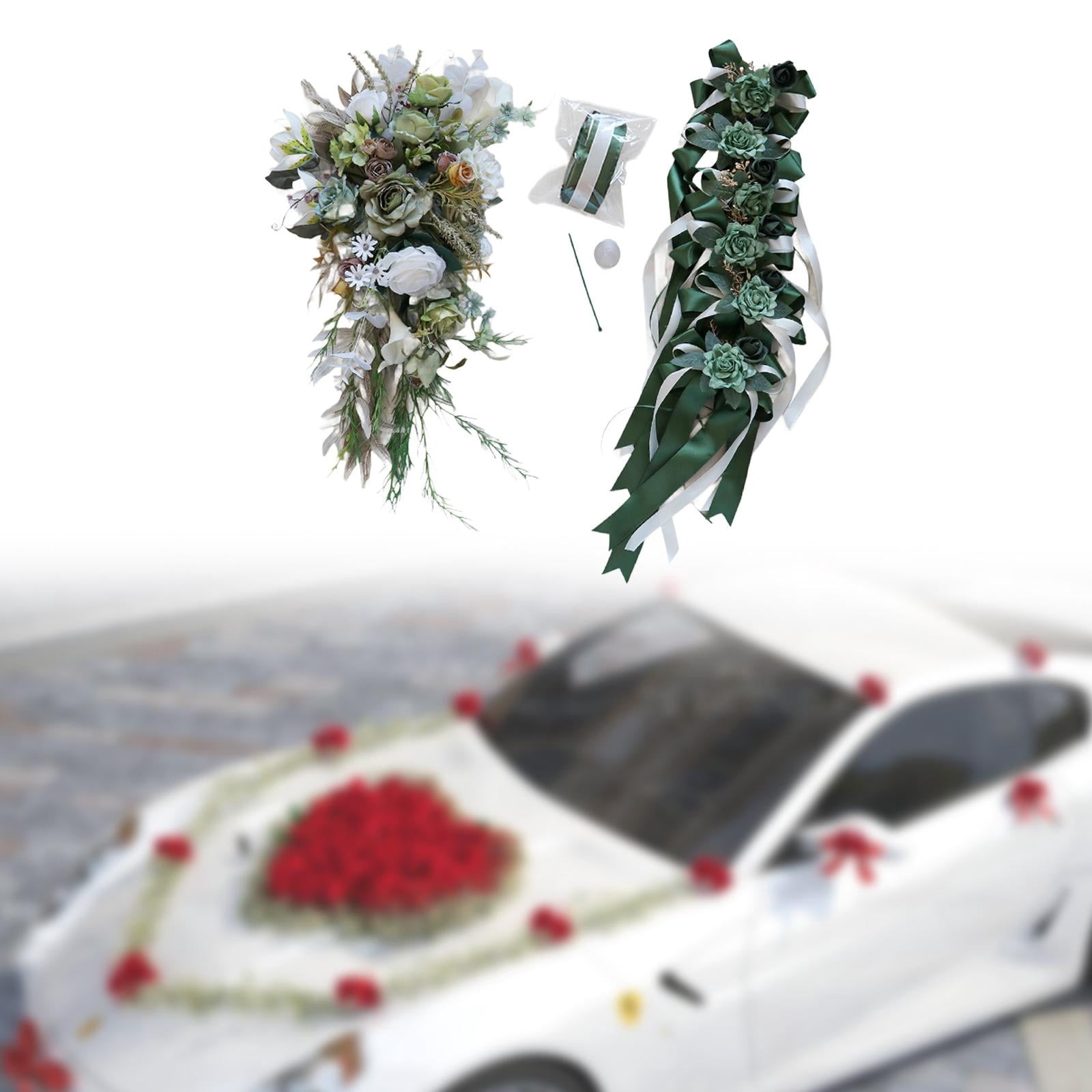 Tachiuwa Wedding Car Decoration Set Artificial Flowers Easy Installation Elegant Wedding Car Ribbons and Bows for Ceremony Accessories Green
