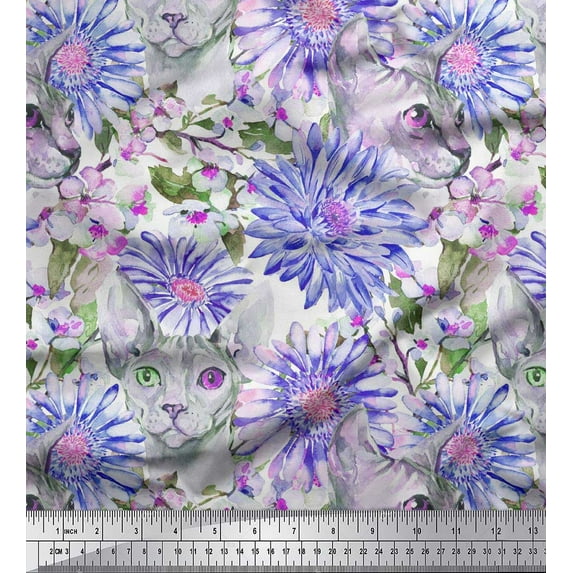 Soimoi Purple Velvet Fabric Dog Face,Leaves & Floral Print Fabric by The Yard 58 Inch Wide