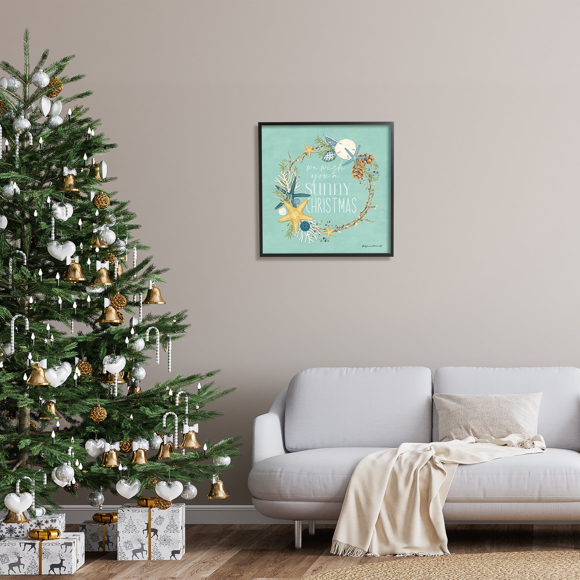Stupell Industries Wish You A Sunny Christmas Wreath Holiday Painting Black Framed Art Print Wall Art