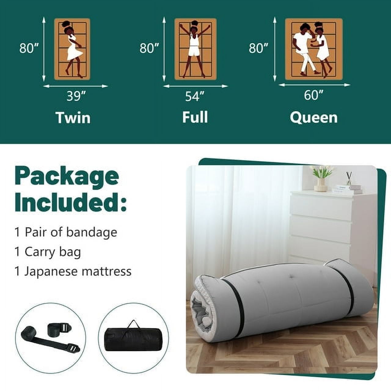 ABORON Japanese Floor Mattress Futon Mattress Twin Size, Thicken Tatami Mat Sleeping Pad Foldable Roll Up Mattress Gray