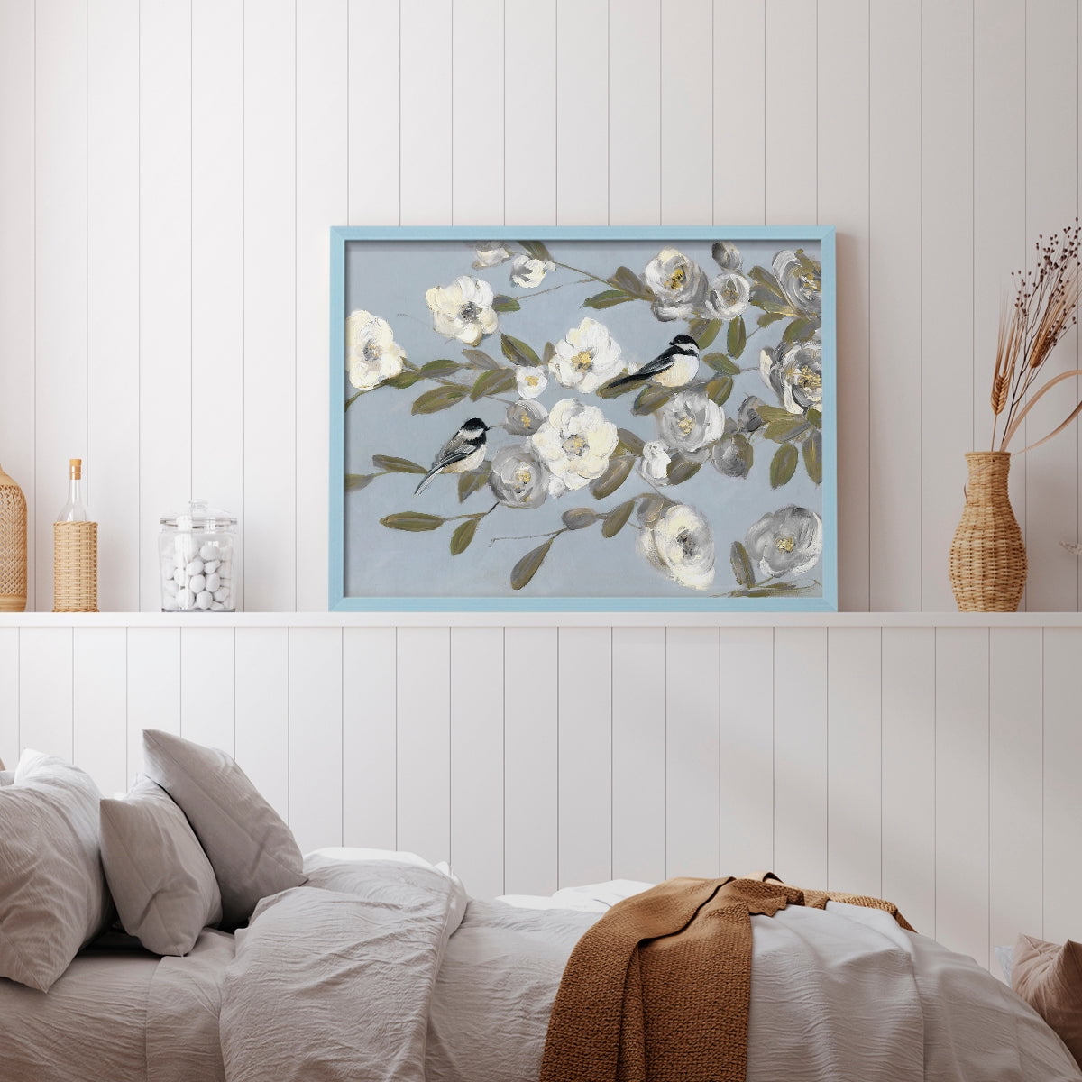 Chickadees and Blossoms I by Sally Swatland - Restickable Framed Giclée Print