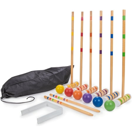 Crown Sporting Goods Six-Player Travel Croquet Set with Drawstring Bag | Family-sized Set of 6 Wooden Mallets, 6 Colored Balls, 9 Wickets, 2 Stakes | Classic Family Yard, Lawn, & Outdoor Games