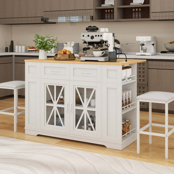 DEXTRUS Kitchen Island with Seating & Drop Leaf, Kitchen Island on Wheels with Doors & Drawers, White