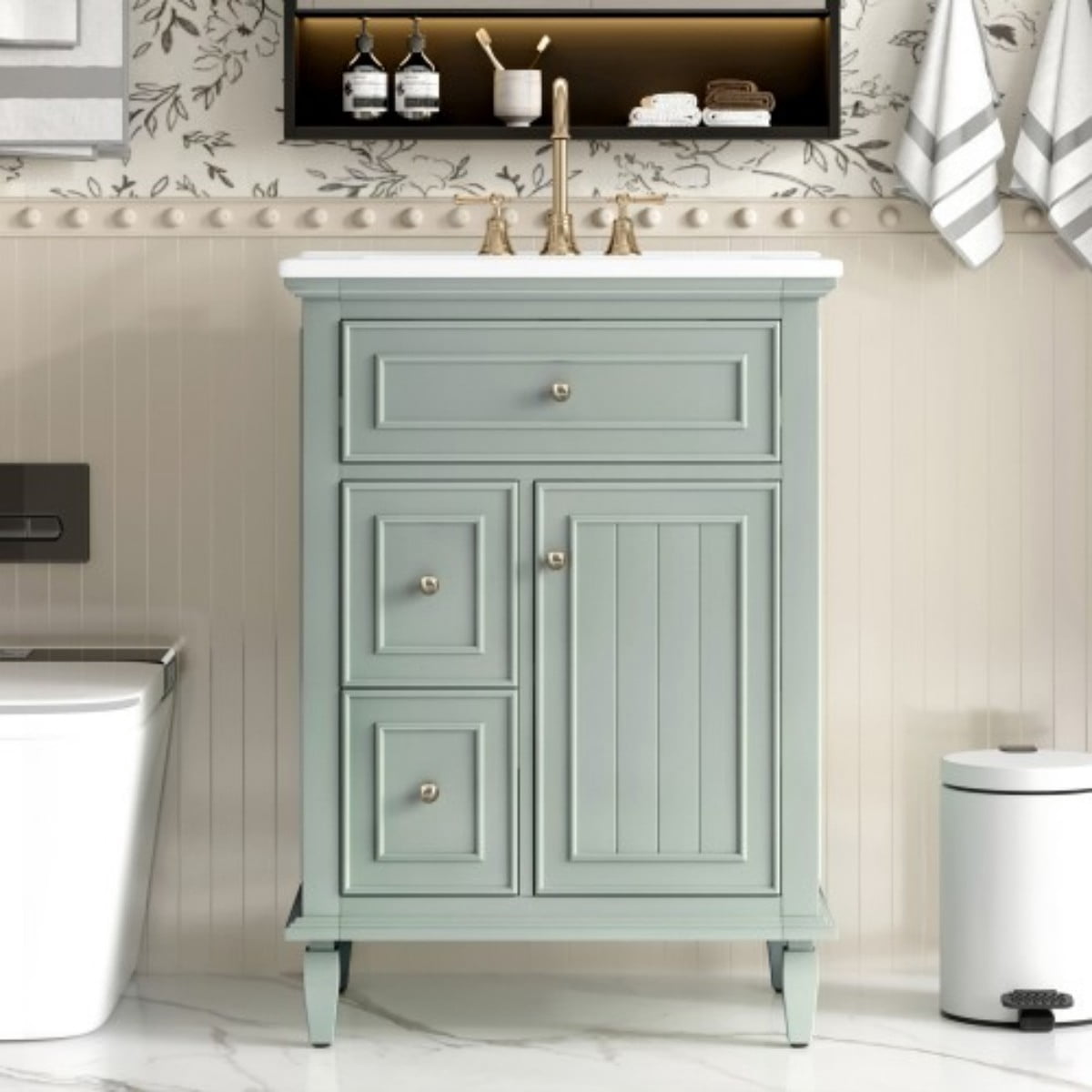 24" Bathroom Vanity with Sink, Modern Bathroom Vanity Cabinet with Flip Drawer, 2 Drawers, Adjustable Shelf, Solid Wood & MDF, Green