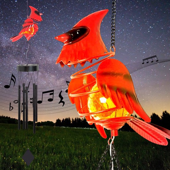 Outdoor Cardinal Wind Chime, Solar Wind Chimes Red Bird Decor with Metal Tubes & Crackle Glass, Garden Decor Memorial Gift for Women Grandma Wife Lover