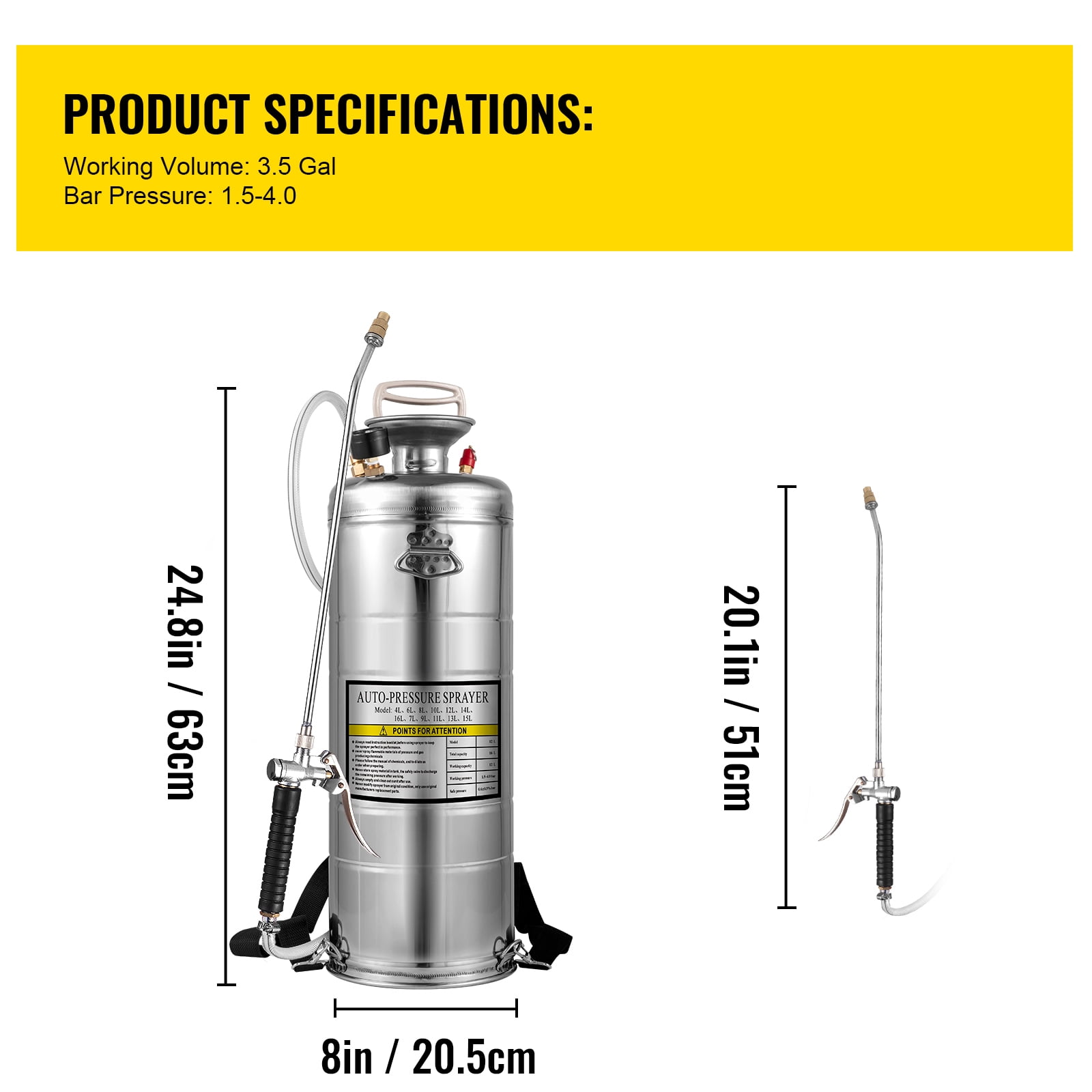SKYSHALO 3.5Gal Stainless Steel Sprayer Hand Pump, with Pressure Gauge & Safety Valve