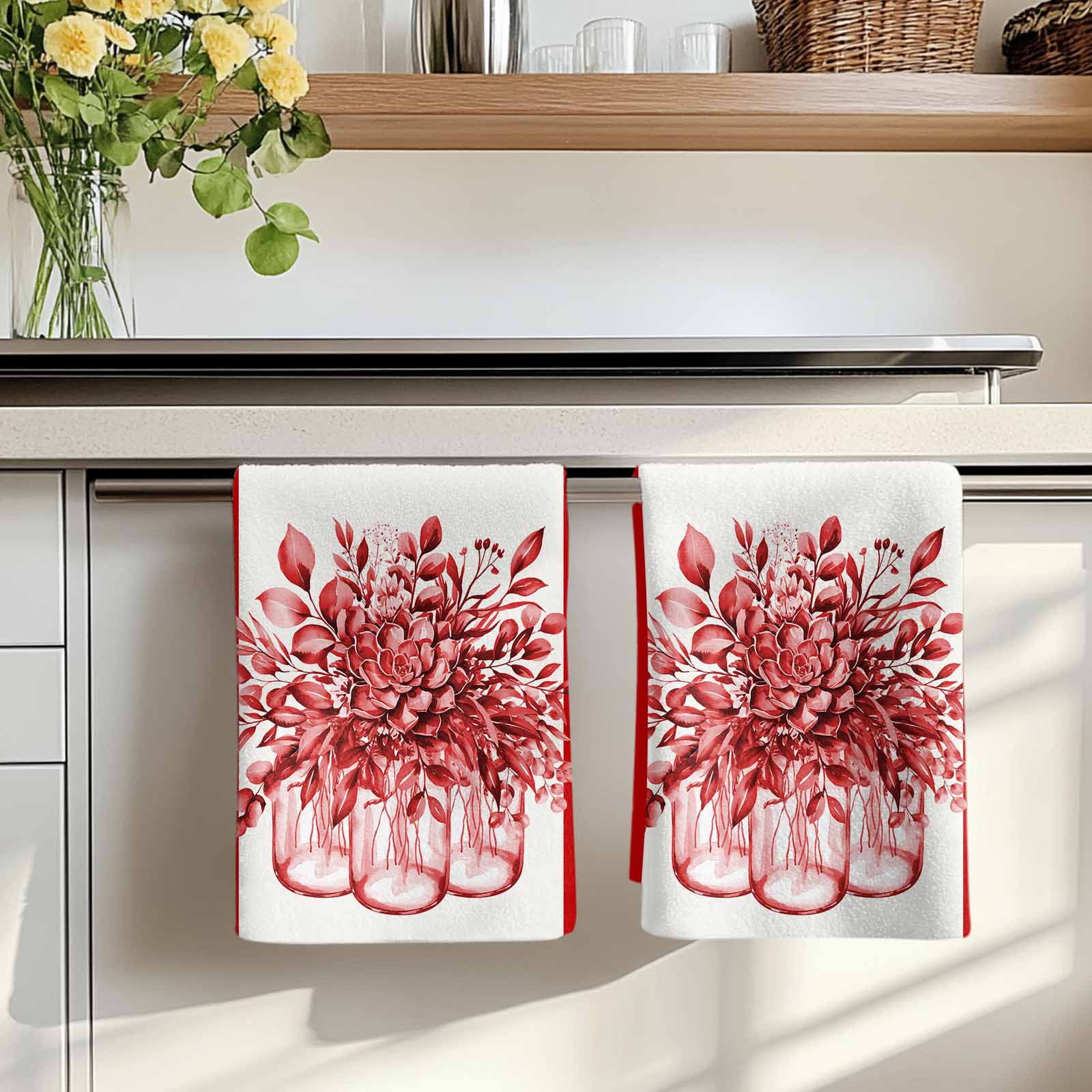 Dish Towels, Red Eucalyptus Leaves Absorbent Kitchen Towels 2 PCS, Floral Vase Stripes Microfiber Hand Towels Dish Cloths Tea Towels for Home&nbsp;Bathroom Cleaning Drying,18X28-Inch,