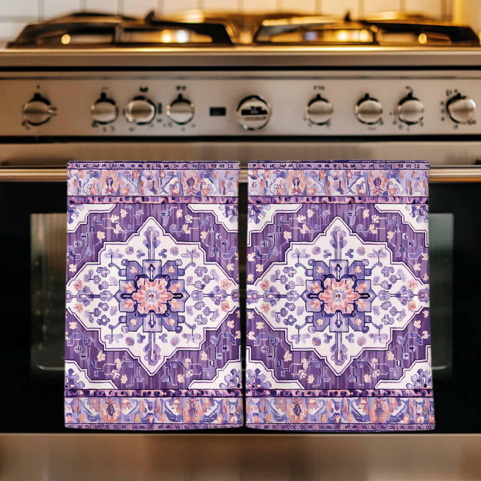 Dish Towels, Purple Bohemian Absorbent Kitchen Towels 2 PCS, Vintage Medieval Mural Microfiber Hand Towels Dish Cloths Tea Towels for Home&nbsp;Bathroom Cleaning Drying,18X28-Inch,